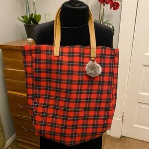Chic Red and Black Plaid Tote with Tan Handles